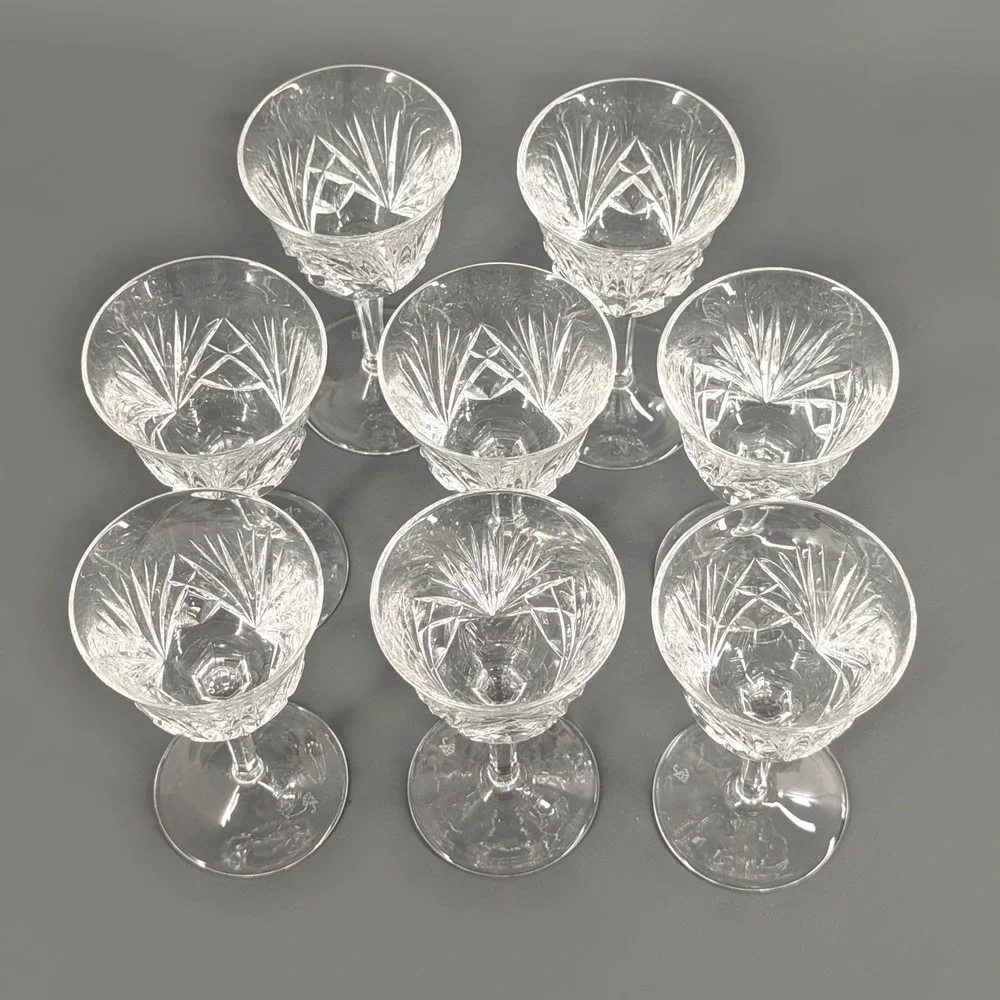 8 Crystal Cordial Glasses Cut Glass Faceted Stem JV Crown Logo Set of 8